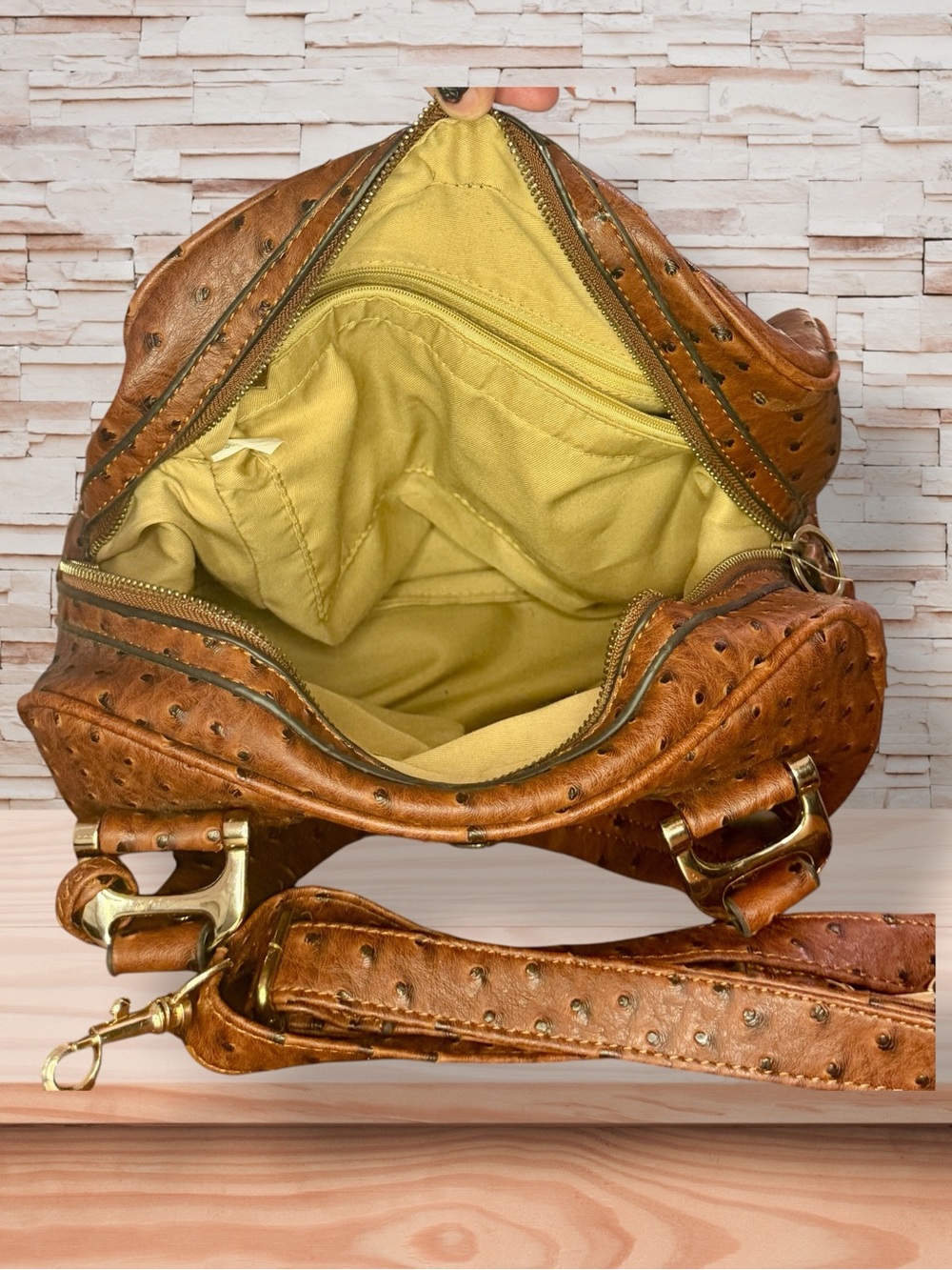 Michael Kors Cognac Ostrich-Embossed Leather Satchel w/ Guillotine Closure - Picture 8 of 8